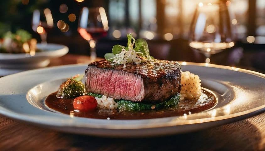 Ein wunderschön präsentiertes mittelgutes Steak.