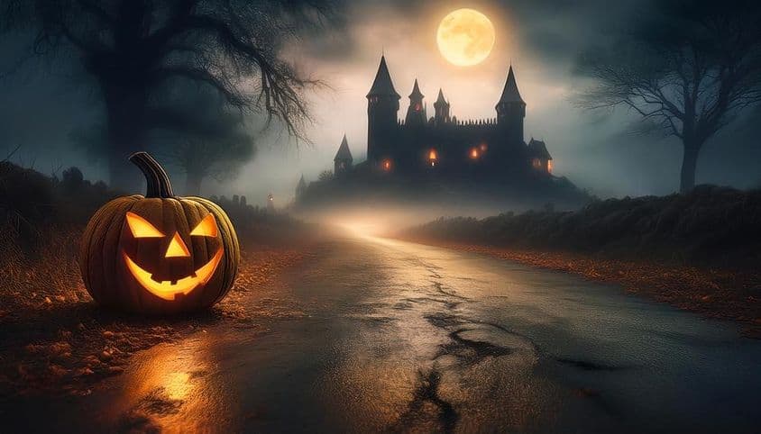 Eine Halloween-Nacht mit einem geschnitzten, leuchtenden Kürbis und einem Spukschloss im Hintergrund.