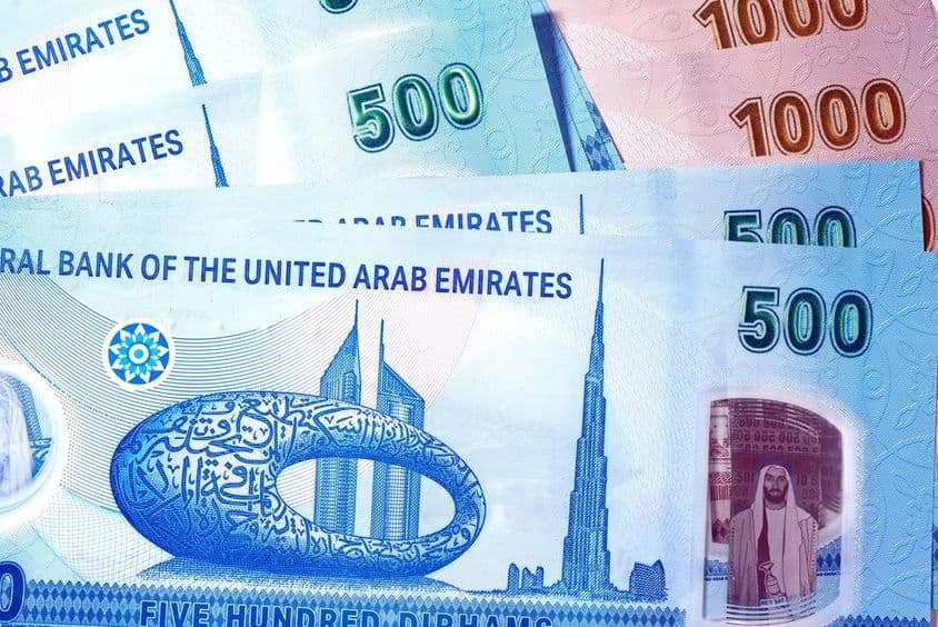 VAE Geld, Banknoten über 500 AED gezeigt.