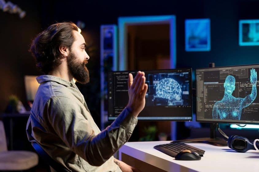Ein Entwickler programmiert eine KI-Anwendung und begrüßt eine menschliche Silhouette auf dem Monitor.