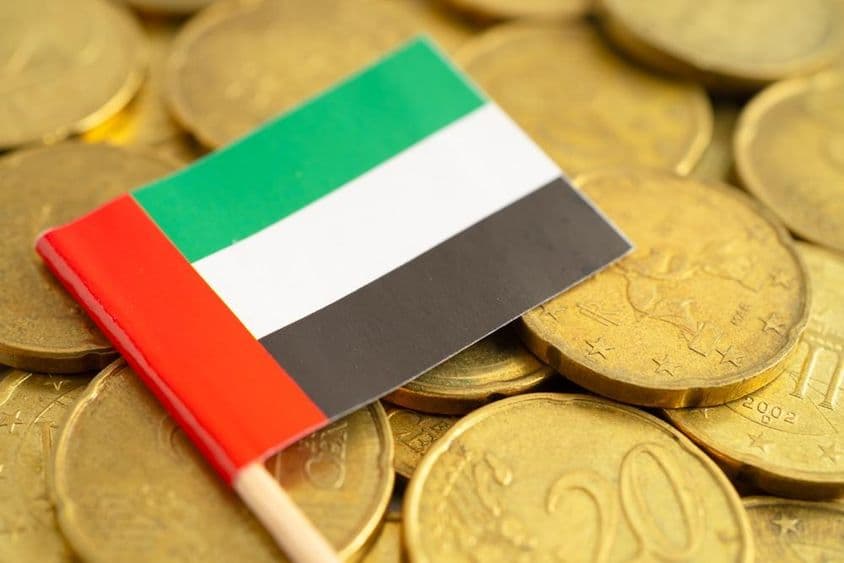 Euro-Münzen mit der UAE-Flagge darüber.