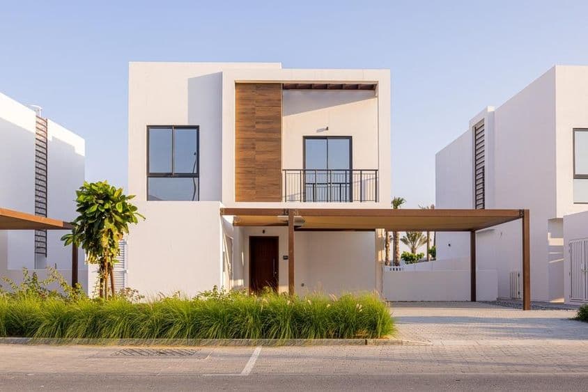 Eine Dubai-Villa ist mit einem kleinen grünen Bereich vorne sichtbar.