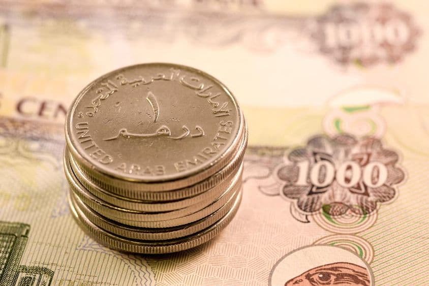 VAE-Währung: 1000 Dirham-Schein und 1 Dirham-Münze.