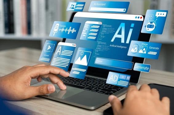 Ein Notebook zeigt ein AI-Hologramm, das von einer menschlichen Hand auf dem Touchpad bedient wird.