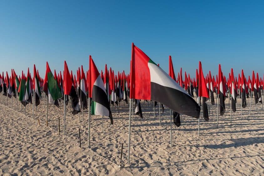 VAE-Flaggen am Strand gepflanzt.
