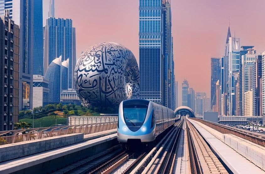 Dubai-Metrosystem mit dem Museum der Zukunft und Wolkenkratzern im Hintergrund.