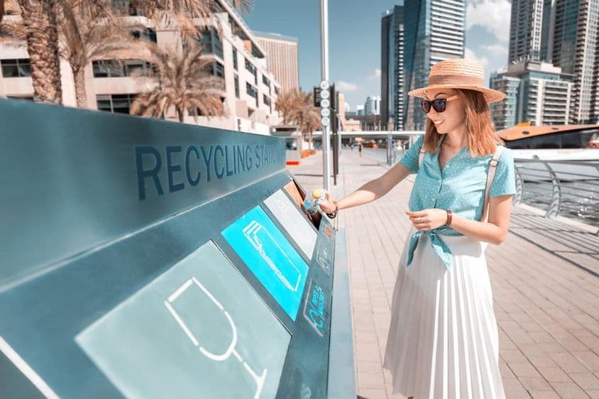 Eine Flasche wird in einen Recyclingbehälter in Dubai geworfen, mit Wolkenkratzern im Hintergrund.