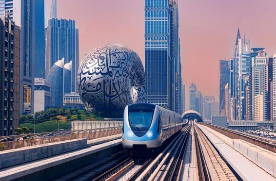Dubai Metro mit Museum der Zukunft im Hintergrund.