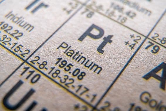Platin-Symbol Pt Nummer 78 im Periodensystem.