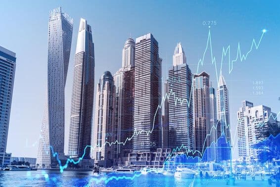 Dubai Geschätsviertel mit Forexchart-Overlay.