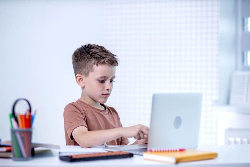 Schuljunge lernt mit einem Computer.
