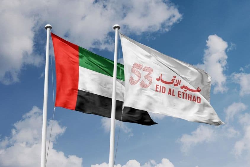Eid Al Etihad Flagge mit Einheitssymbol, VAE Nationalfeiertag und VAE Flagge.
