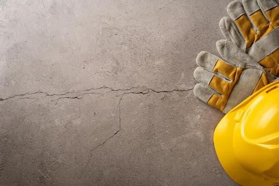 Pausenzeit, gelber Helm und Arbeitshandschuhe auf rissigem Betonboden platziert.