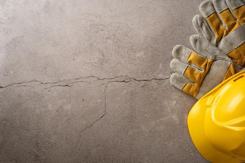 Pausenzeit, gelber Helm und Arbeitshandschuhe auf rissigem Betonboden platziert.