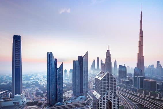 Luftaufnahme des Stadtzentrums von Dubai, Vereinigte Arabische Emirate.