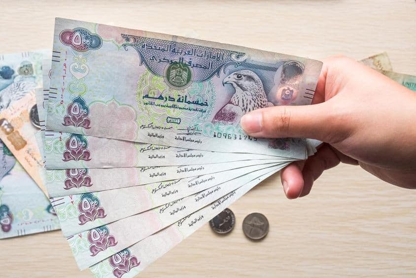 Ein Mädchen hält 500-Dirham-Banknoten der VAE, Papiergeld.