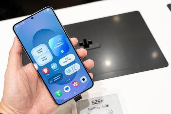 Samsung Galaxy S25+ in der Hand im Laden gehalten.