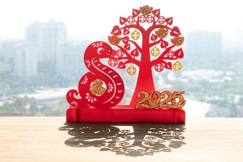 Chinesisches Neujahr, Schlangenmaskottchen mit Schattendarstellung des chinesischen Zeichens.
