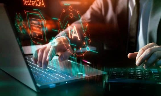 KI-Technologie, künstliche Intelligenz am Arbeitsplatz, grafische und digitale Elemente.