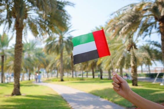 Eine Frauenhand hält eine Miniaturflagge der Vereinigten Arabischen Emirate in einem Park in Abu Dhabi.