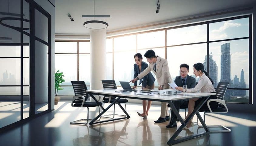 Geschäftsleute besprechen die Arbeit in einem Büro.