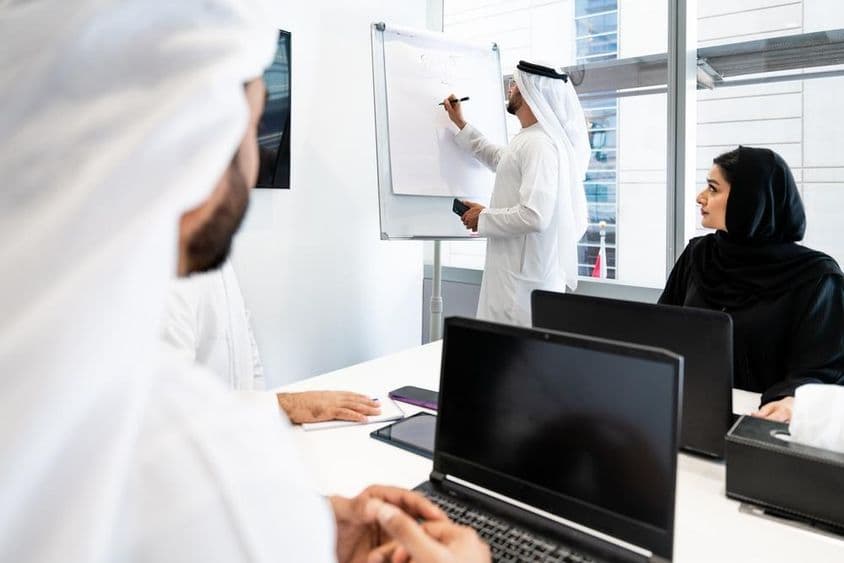 Eine Gruppe von Geschäftsleuten in traditioneller Emirati-Kleidung bei einer Besprechung in einem Büro in Dubai.