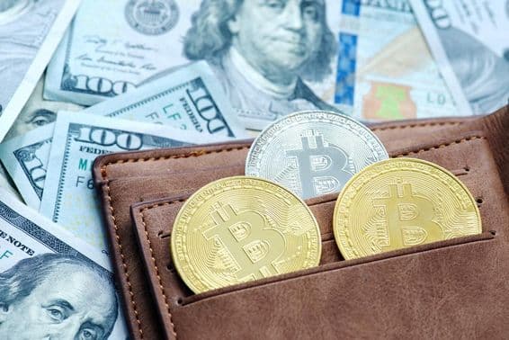 Goldenes Bitcoin mit einer Brieftasche, darunter Dollar-Scheine.