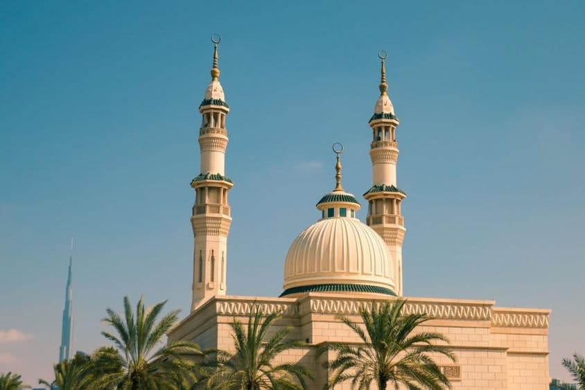 Jumeirah-Moschee umgeben von Palmen im Sonnenlicht, Dubai.