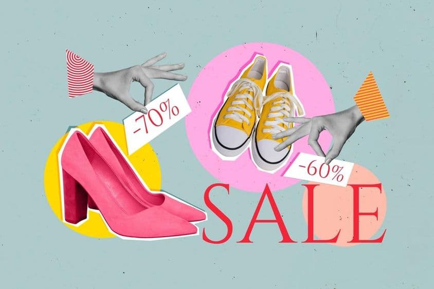 Verkaufsanzeige mit pinken High Heels und gelben Converse-Schuhen.