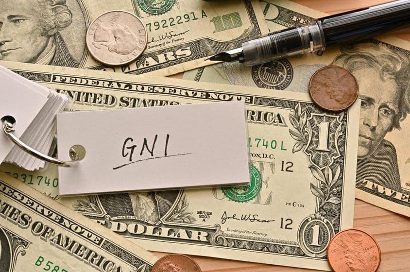 Der Finanzbegriff BNE steht auf Dollar-Scheinen auf einem Tisch.