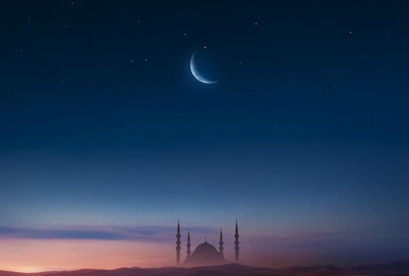 Moschee bei Sonnenuntergang mit Mond am Himmel.