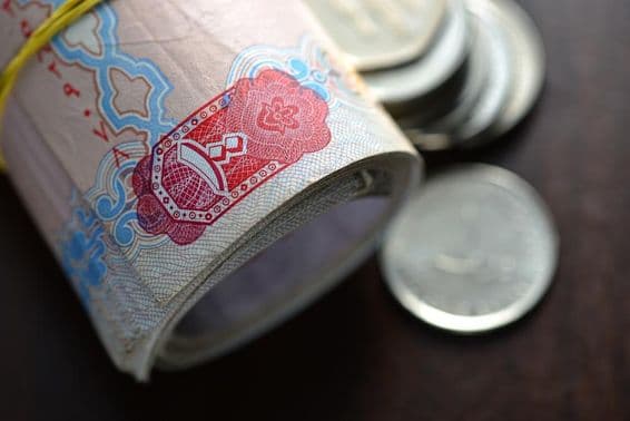 Aufgerollte VAE-Dirham in Begleitung einiger Münzen.