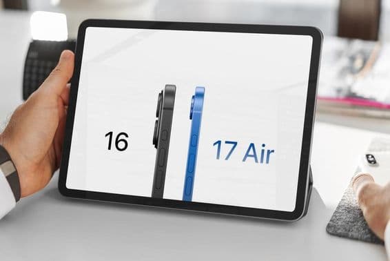 Geschäftsperson vergleicht iPhone 16 und iPhone 17 auf einem Tablet.