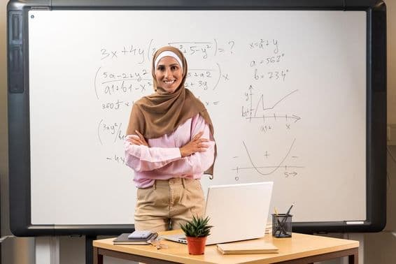 Arabische Lehrerin im Hijab steht im Klassenzimmer.