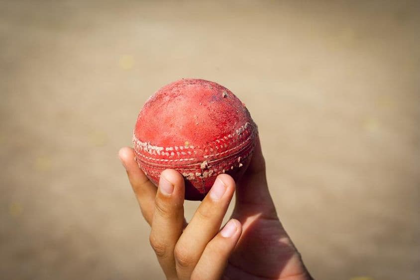 Cricketball in der Hand.