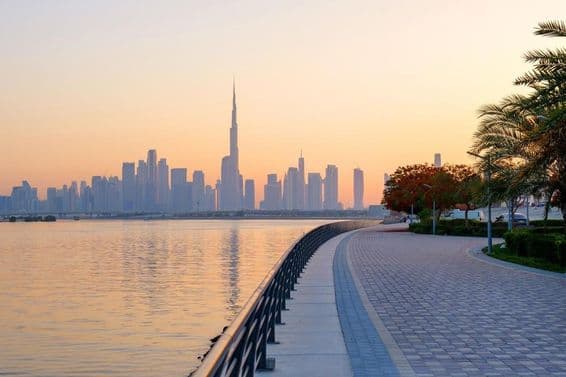 Schöne Uferpromenade mit blühenden Bäumen mit Blick auf die Innenstadt von Dubai.