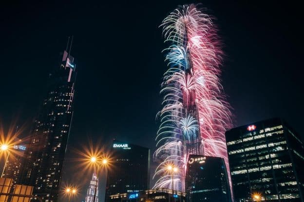 Spektakuläres Silvesterfeuerwerk am Burj Khalifa, dem höchsten Gebäude der Welt.