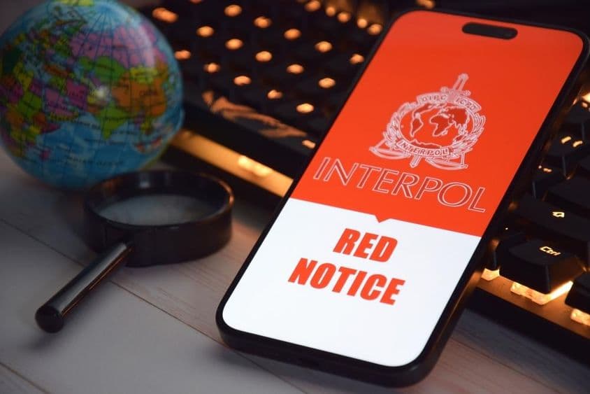 Ein Smartphone-Bildschirm, der das Interpol-Logo anzeigt.