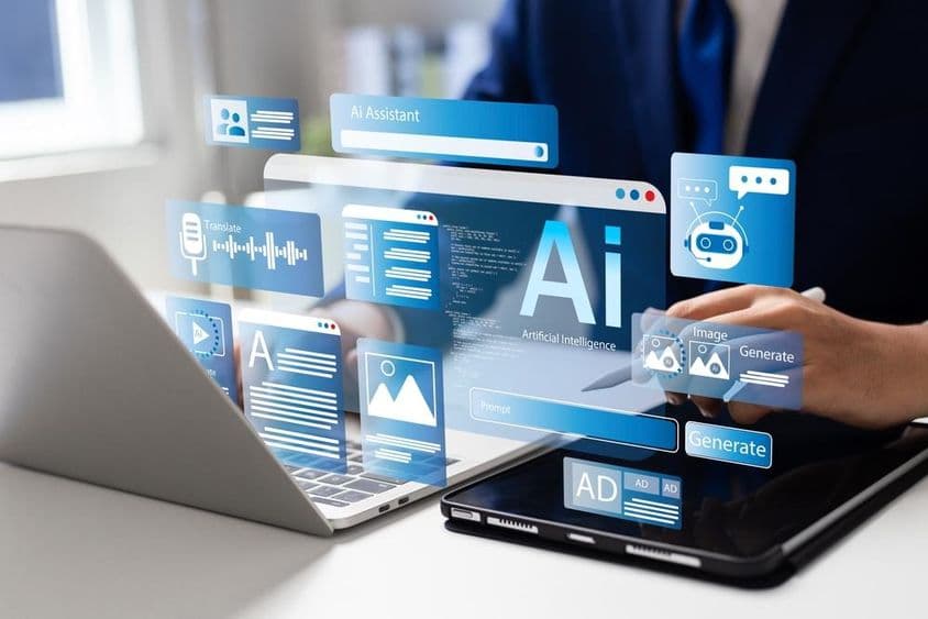 Mann benutzt Laptop, um auf KI-Tools zuzugreifen.