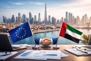 EU-VAE Händedruck im Hafen von Dubai: Beginn einer neuen Handelsära.