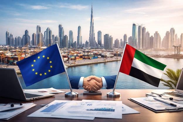 EU-VAE Händedruck im Hafen von Dubai: Beginn einer neuen Handelsära.