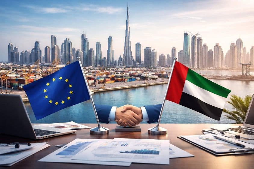 EU-VAE Händedruck im Hafen von Dubai: Beginn einer neuen Handelsära.
