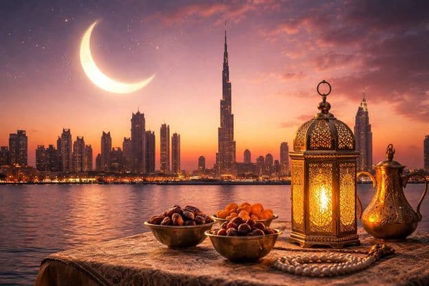 Ramadan-Sonnenuntergang hinter der Skyline von Dubai.