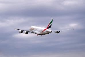 Das Emirates Airbus A380-861 Passagierflugzeug.