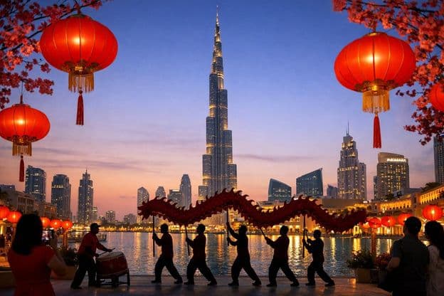 Lichter des chinesischen Neujahrs unter den Wolkenkratzern Dubais.