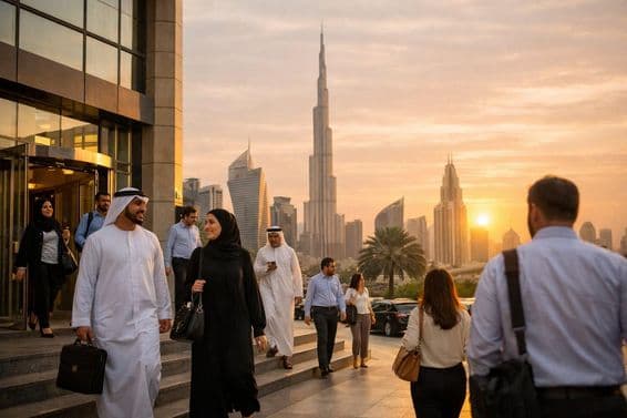 Pendler kehrt nach der Büroarbeit bei Sonnenuntergang nach Hause zurück.