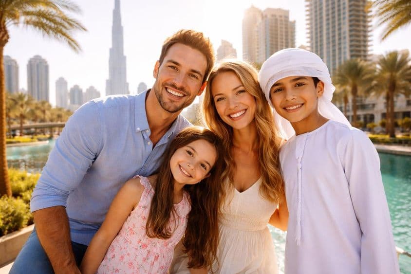 Familie vor der Skyline von Dubai