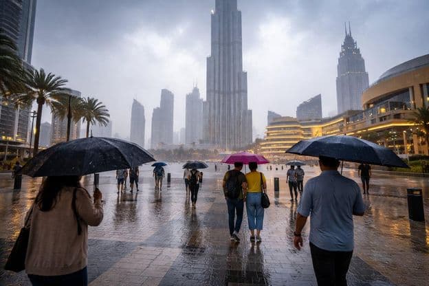 Gewitter zwischen den Wolkenkratzern von Dubai