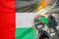 Auto an einer Zapfsäule mit der Flagge der Vereinigten Arabischen Emirate im Hintergrund.