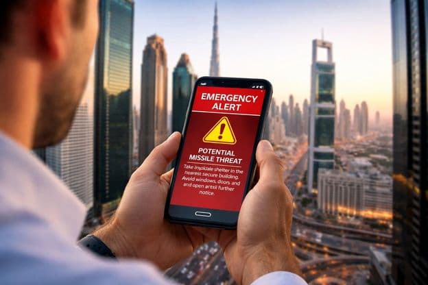 Mobilwarnung mit Dubai im Hintergrund